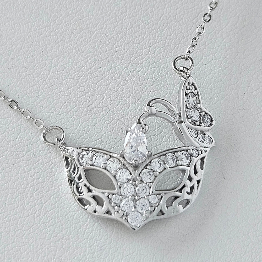 Masquerade Mardis Gras Carnival Mask Necklace, 925 Sterling Silver 50 Shades